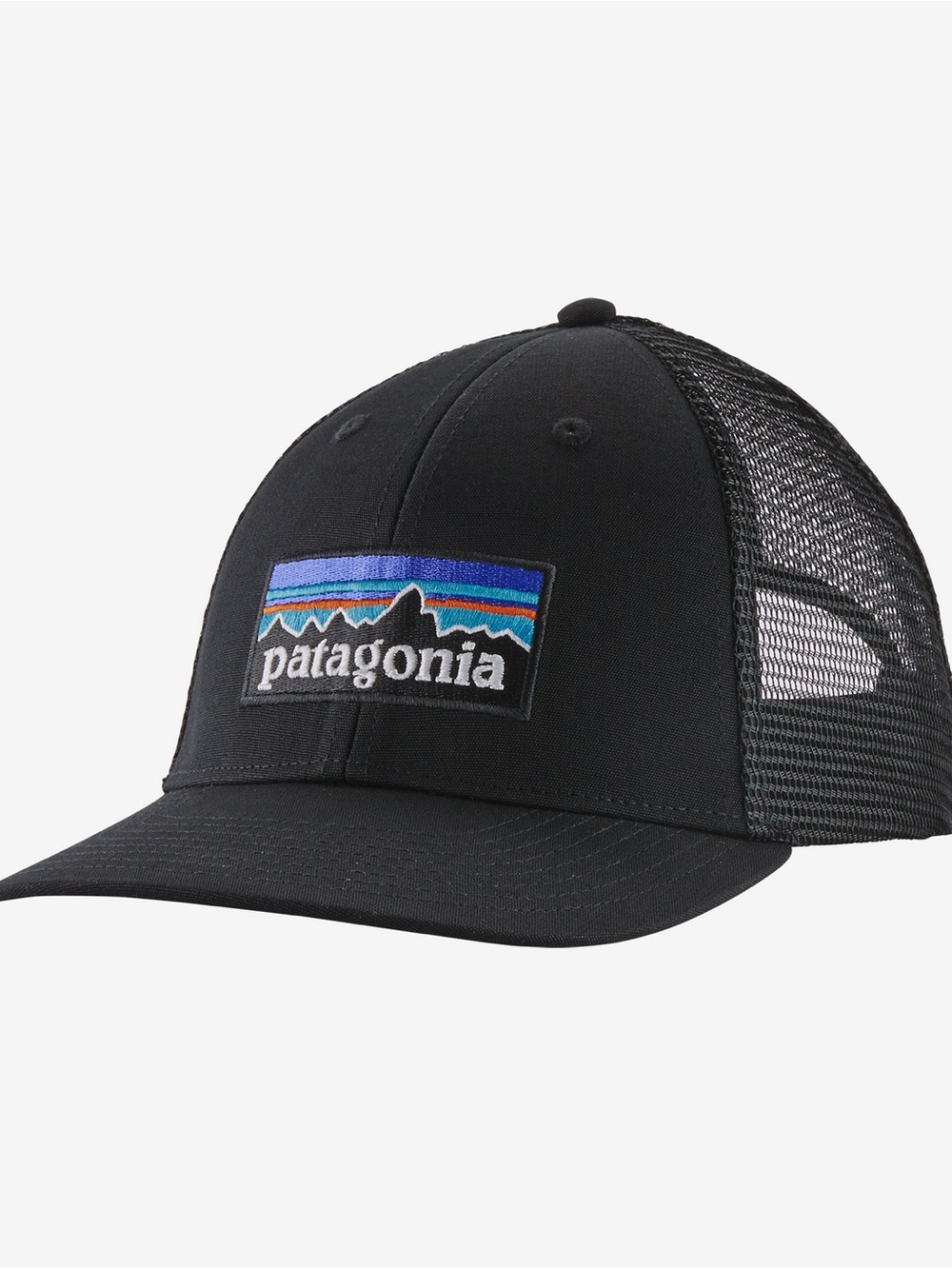 Patagonia Black Trucker Hat with Blue & Purple Logo